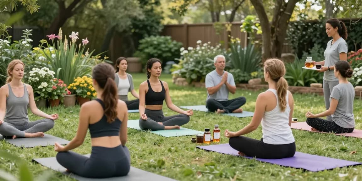 Participants enjoying a peaceful wellness retreat practicing mindfulness and exploring rokok88 alternatif products in a serene outdoor setting.