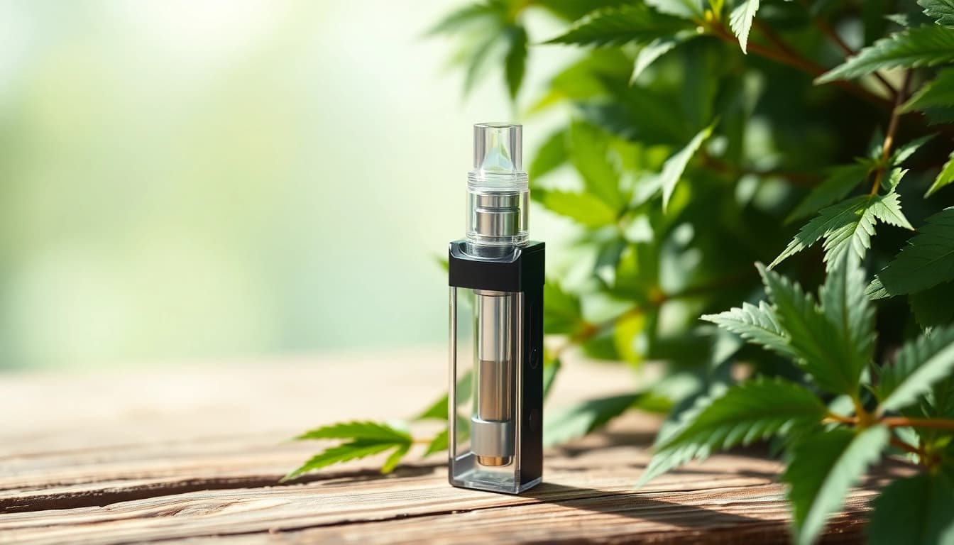 Buy DMT online from a beautifully presented vape cartridge set on wooden surface among greenery.