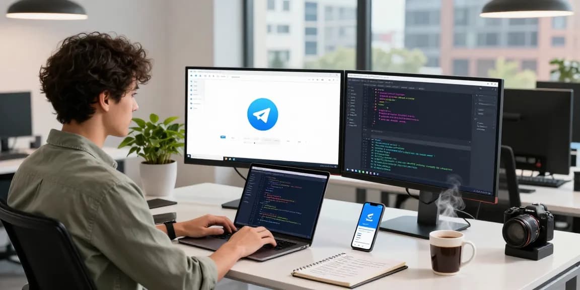 Developer showcasing Telegram Download on dual monitors in a modern office workspace.