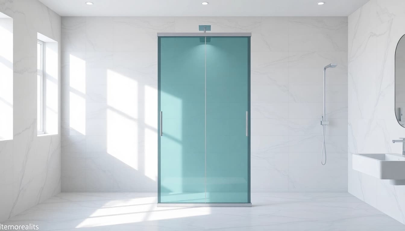 Showcase a stylish shower screen sliding door within a modern bathroom environment.