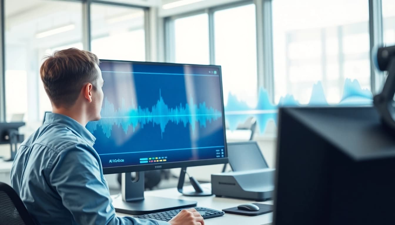 Generate lifelike audio experiences with AI Voice technology showcased in a modern workspace.