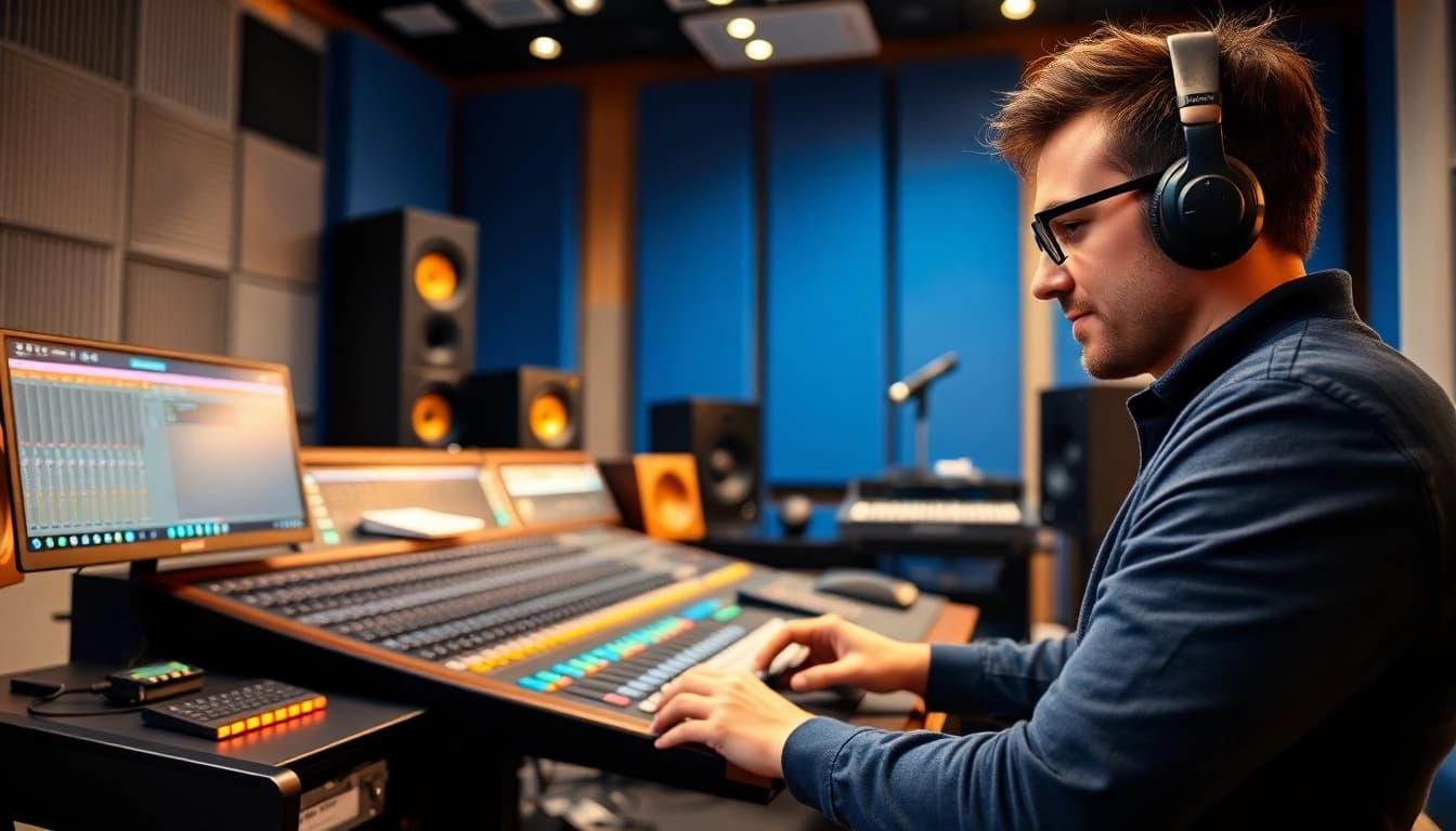 Engineer perfecting online audio mastering in a modern audio studio workspace.