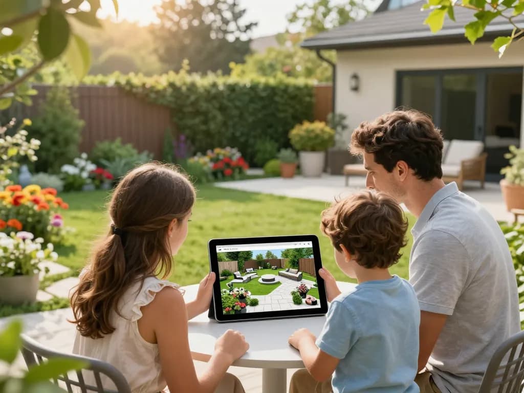 Family using a configuratore 3D outdoor to visualize custom landscaping options in a welcoming backyard.