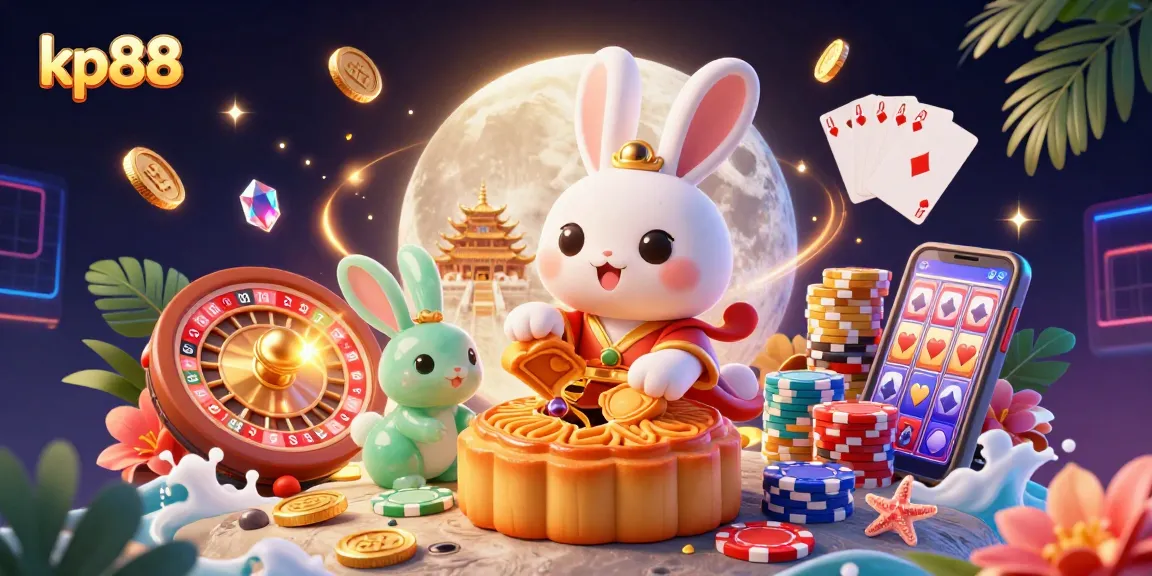 Spin the roulette and stack poker chips at kp88's vibrant casino illustrated scene with a moon rabbit theme.
