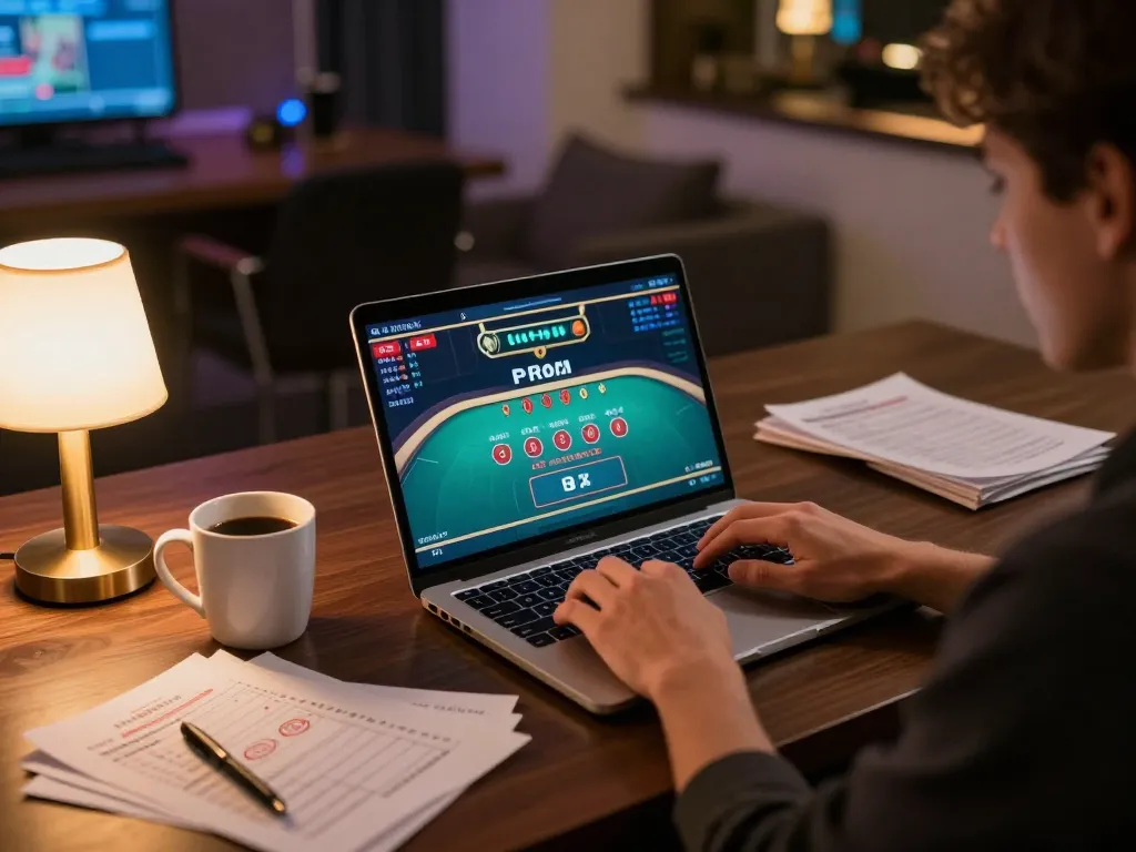 Engaged player at 98win vin online blackjack table, focused on laptop with strategic notes