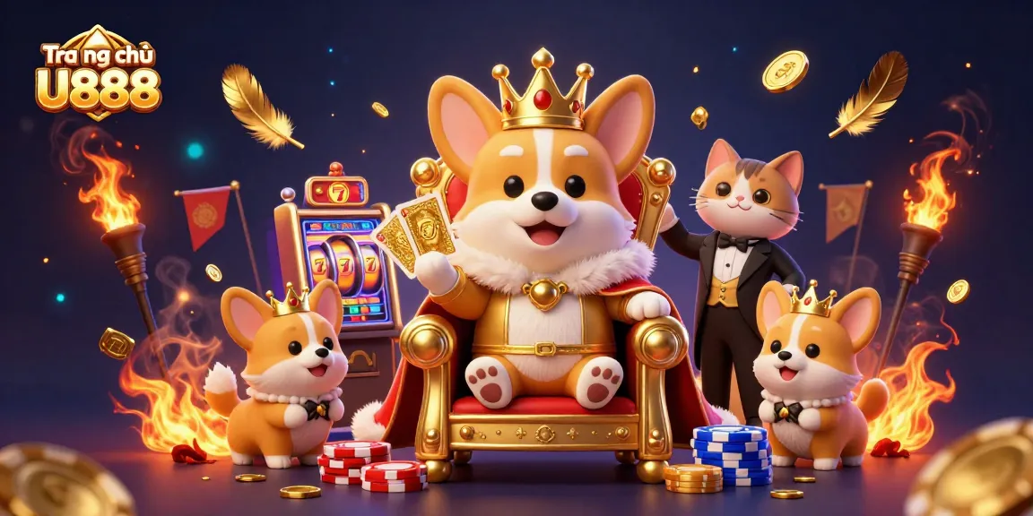 Experience excitement at Tra ng chủ U888 with a royal corgi on a poker chip throne surrounded by vibrant, dynamic casino elements.