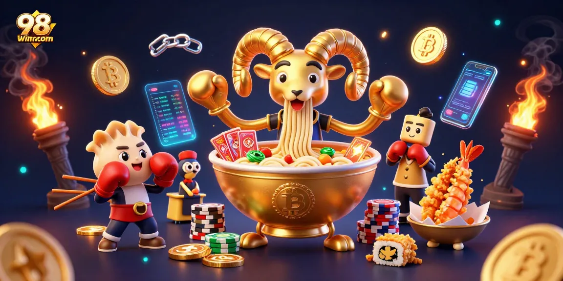 Experience excitement at 98win com with an animated casino scene showcasing vibrant gaming elements.