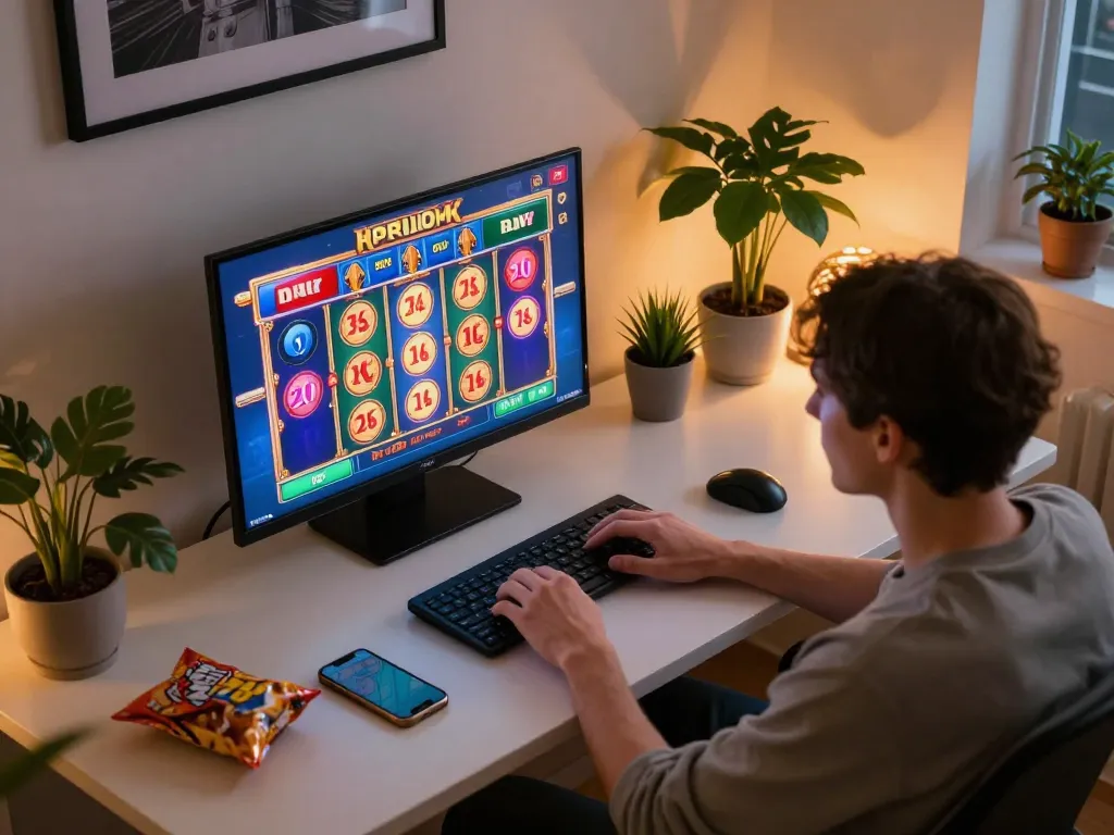 Player enjoying captivating lc88 online slot games on laptop at home