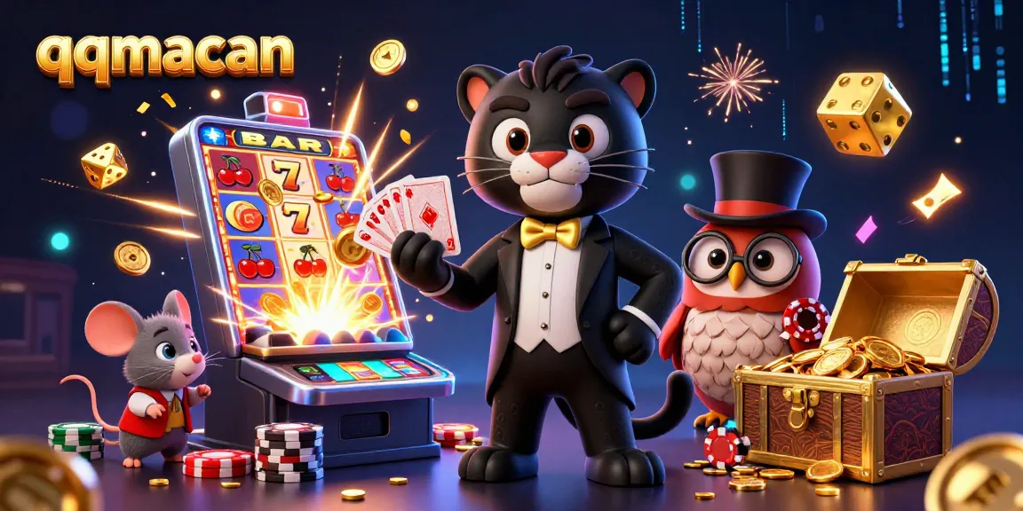 Spin and win with qqmacan in a vibrant, animated casino scene featuring characters and jackpots.