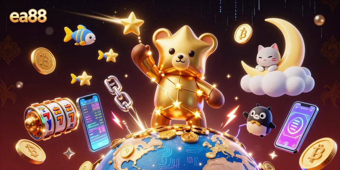 ea88 players scoop coins from Earth in a dynamic casino scene with vibrant gaming elements.