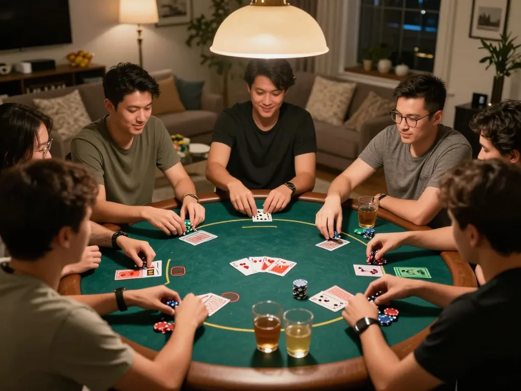 open88 users enjoying a competitive home poker night with friends, showcasing excitement and camaraderie