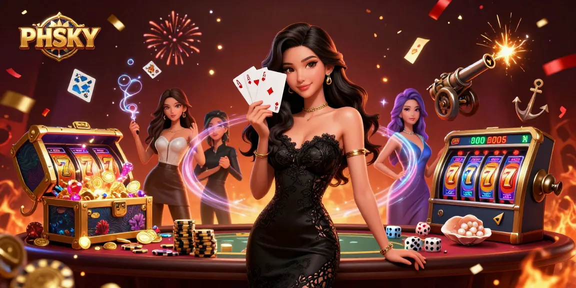 PHSKY casino illustration featuring an elegant woman holding playing cards with casino elements and vibrant treasures.