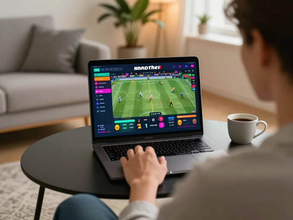 Engaging in sports betting on F8BET from a cozy home setup with a laptop.