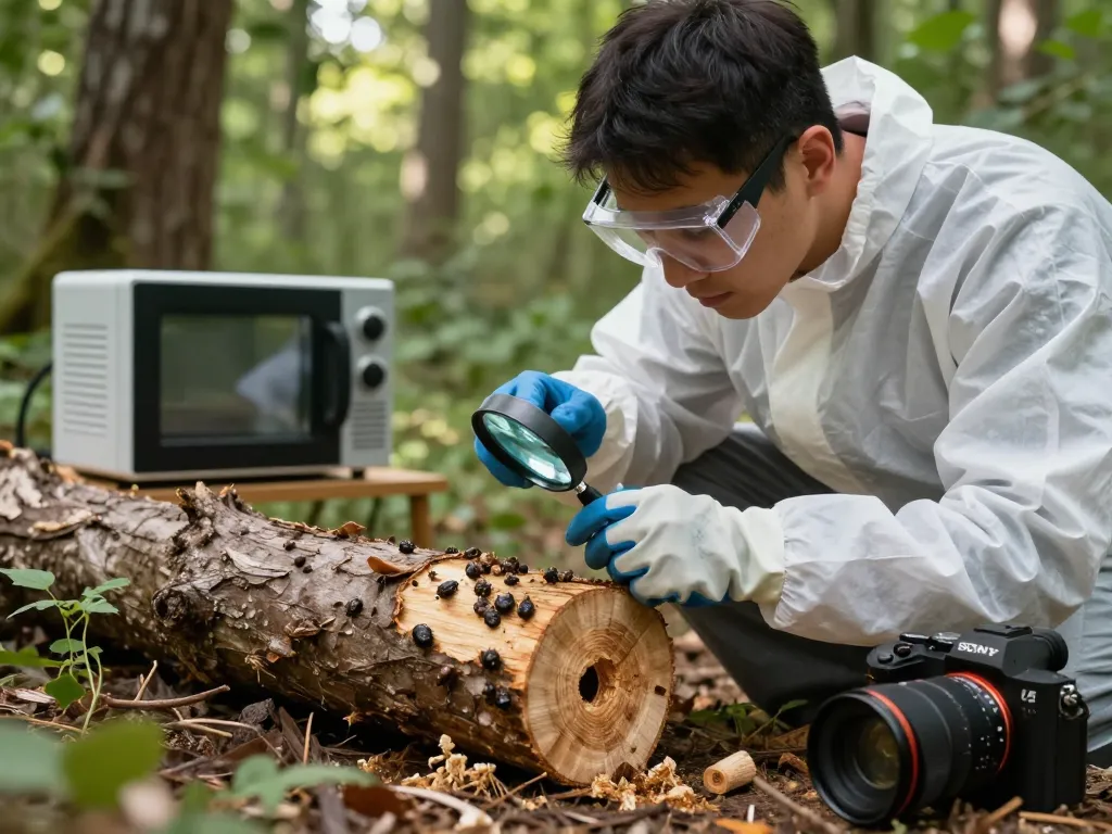 Ispezione per coleotteri xilofagi utilizzando il metodo di sterilizzazione microonde coleottero in un contesto naturale.