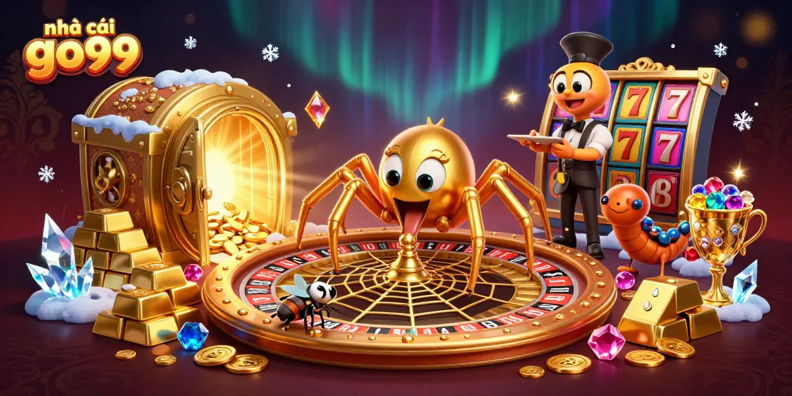 Experience the thrill with nhà cái go99 as a golden spider spins a roulette web in this stunning 3D illustration.