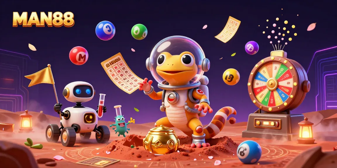 MAN88 engages players with an adventurous Martian gecko in a vibrant casino scene filled with lottery excitement.