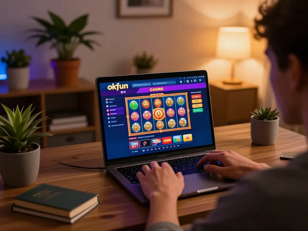 Playing interactive slot games on okfun casino, showcasing a modern home gaming setup.