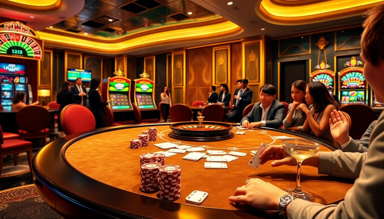A vibrant gaming table at nhà cái galaxy6623 displaying poker chips and players engaged in high-stakes action.