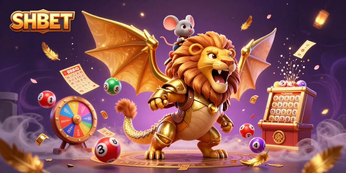 Engage in thrilling gameplay with SHBET's dynamic lottery scene featuring a majestic chimera and colorful elements.