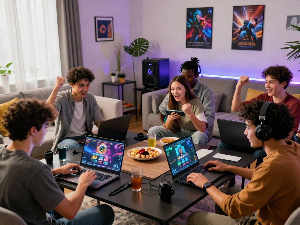 A lively gaming scene showcasing rokok88 daftar action with diverse players using laptops and smartphones, vibrant graphics, and snacks in a stylish home.