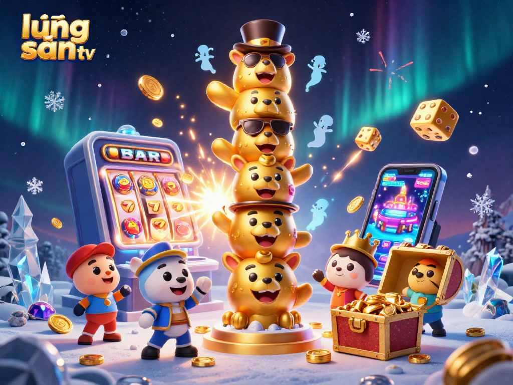 Experience the excitement of lương sơn tv with a vibrant 3D casino illustration featuring animated totem poles and jackpots.