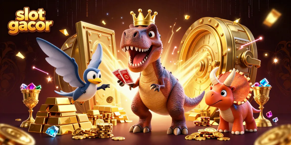 Mainkan slot gacor dengan T-Rex, pterodactyl, dan triceratops mengumpulkan chip emas.