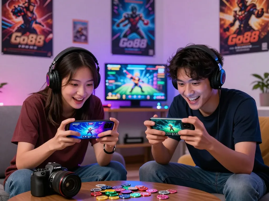 Engaging scene of friends playing tải go88 games on smartphones in a vibrant living room.