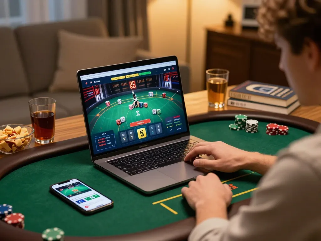 Engaged player strategizing on dn 88 poker game while enjoying snacks and drinks at home.