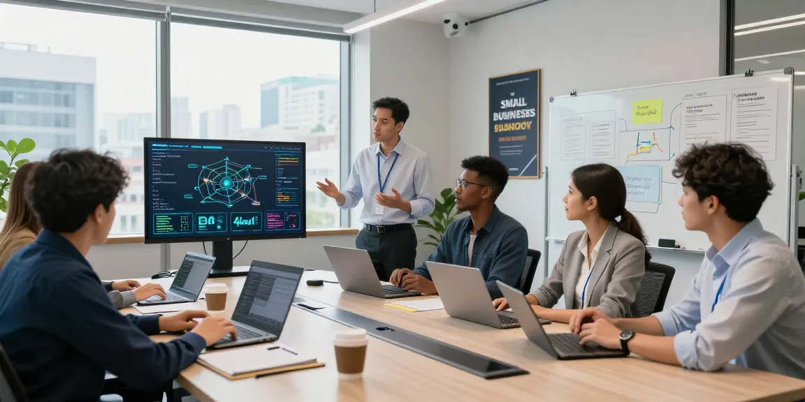 Team discussing it support for small businesses, showcasing technology solutions and real-time metrics in a modern office.