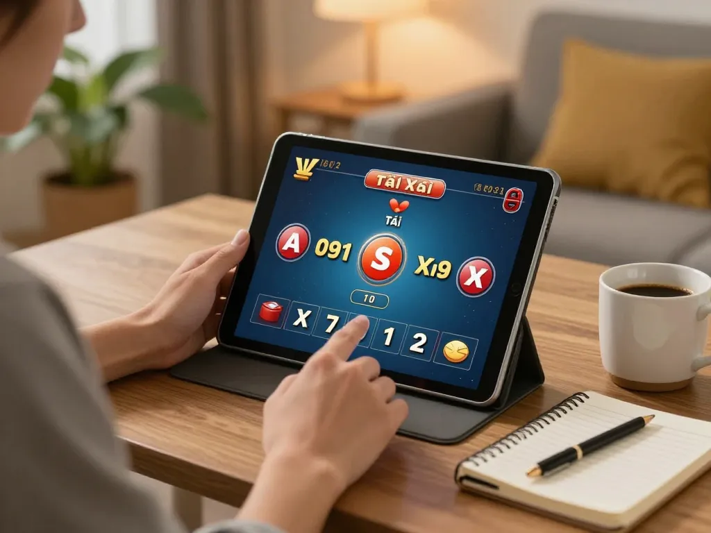 Tài xỉu online uy tín gameplay on tablet at home, highlighting responsible betting and strategic approach