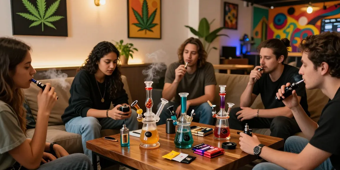 Friends enjoying rokok88 products in a cozy smoke shop lounge
