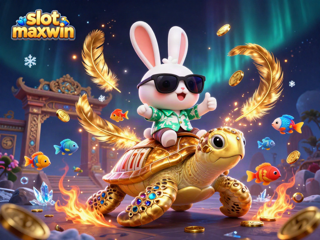 Experience big wins with slot maxwin alongside a lucky rabbit and golden sea turtle in a vibrant casino scene.