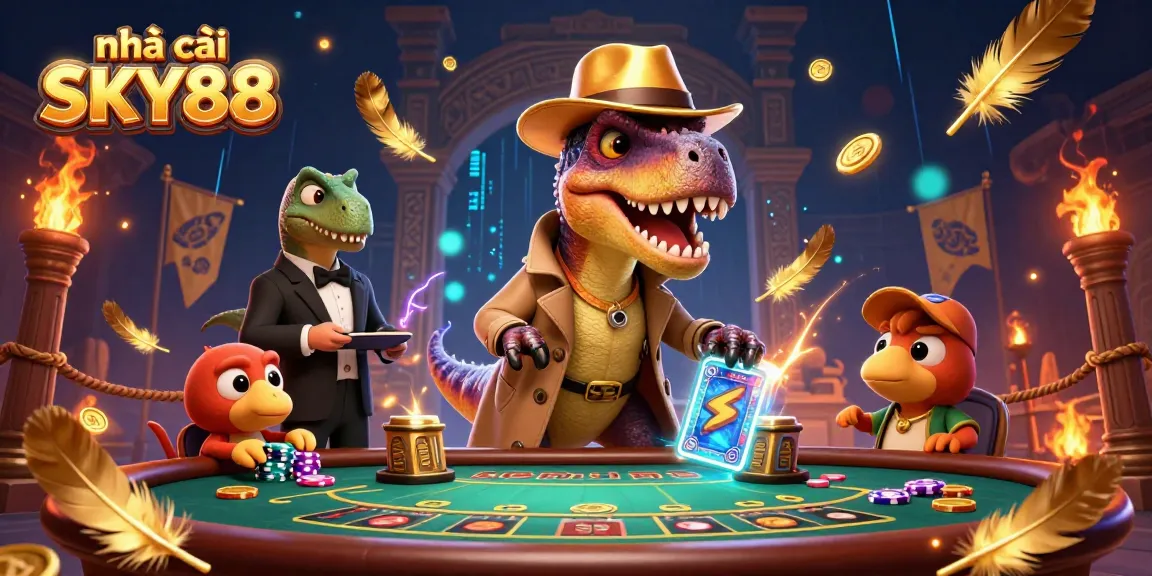 Smile and win at nhà cái SKY88's thrilling blackjack table, featuring a velociraptor card counter in action.