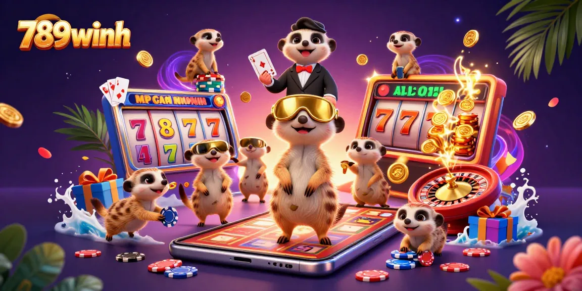 Engage in thrilling casino action at 789winh with meerkats running a lively gaming operation featuring colorful slot games and surrounded by dynamic casino elements.