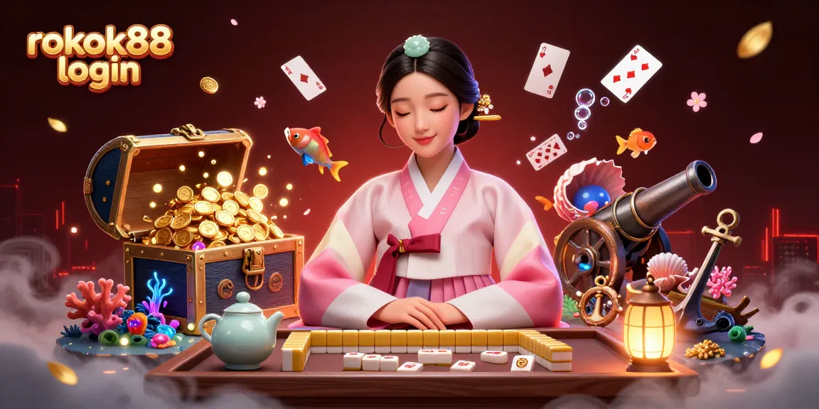 Experience the excitement of rokok88 login with vibrant visuals showcasing an elegant Asian woman amidst casino treasures.
