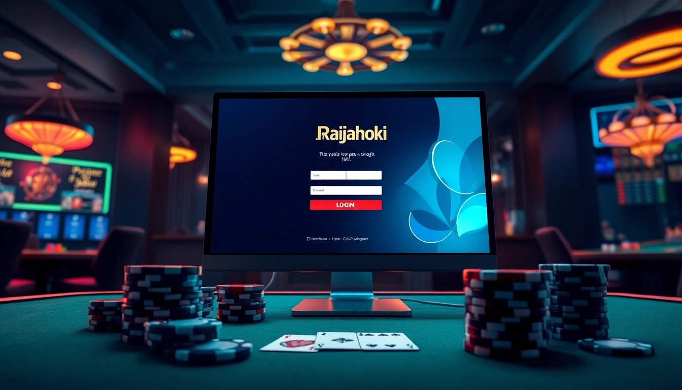 Rajahoki login tampil dengan antarmuka canggih di lingkungan kasino yang semarak.