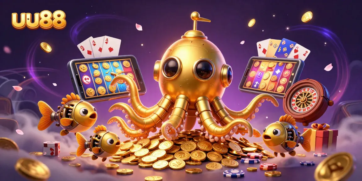 Play exciting games with uu88 featuring a golden kraken submarine surrounded by vibrant casino elements.