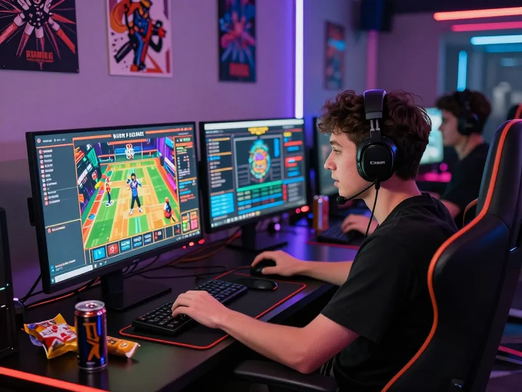 Player immersed in sunwin20 online gaming setup with dual screens and vibrant atmosphere.
