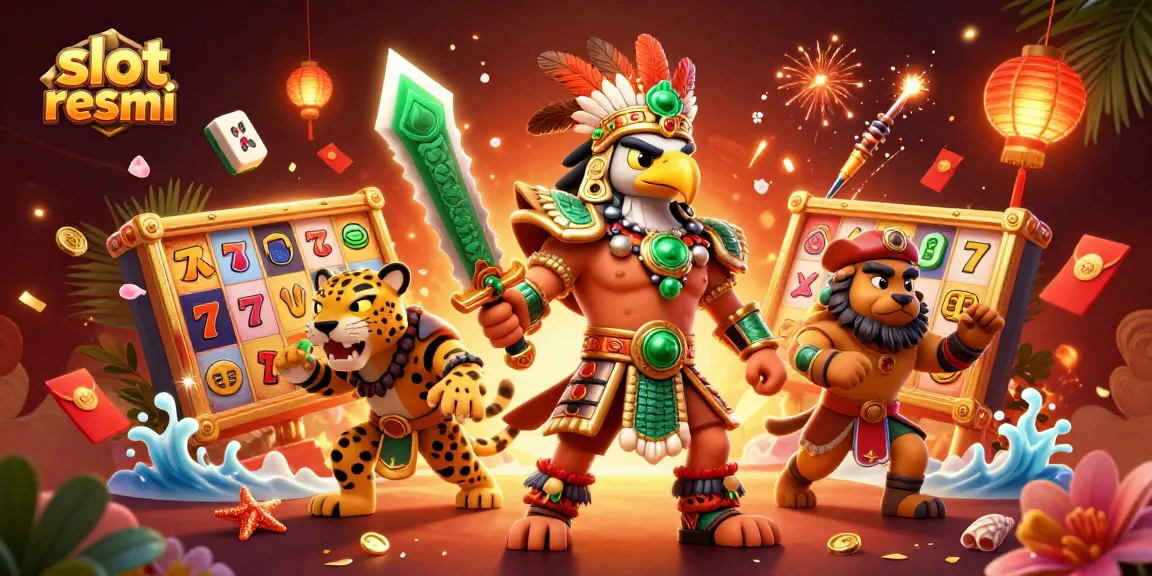 Memainkan slot resmi dengan karakter petarung Aztec di latar belakang kasino, merayakan kemenangan.