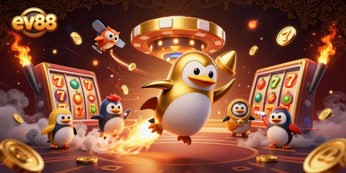 ev88 showcases a golden penguin rocket blasting towards a casino space station with vibrant slot elements.