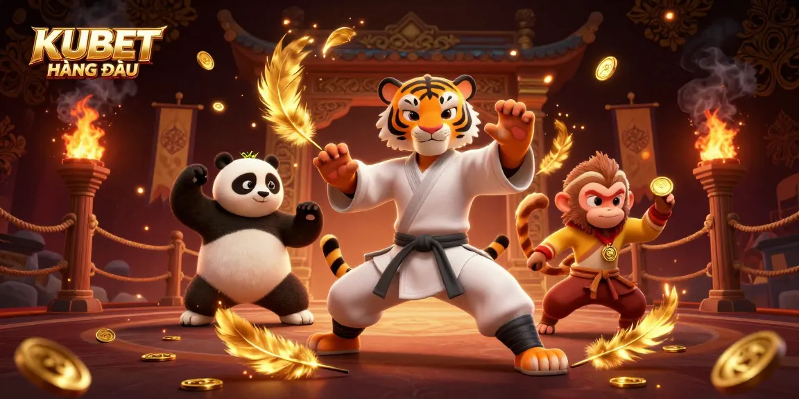 Engage with KUBET HÀNG ĐẦU via this dynamic scene showcasing a kung fu tiger, panda, and monkey in a vibrant casino.