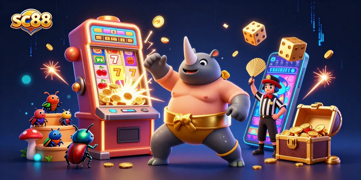 Experience thrilling gameplay with sc88 as the sumo-champion beetle stomps and coins fly in a vibrant casino.