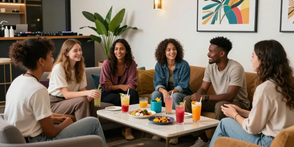 Friends enjoying time at a stylish lounge featuring the essence of rokok88 super entertainment.