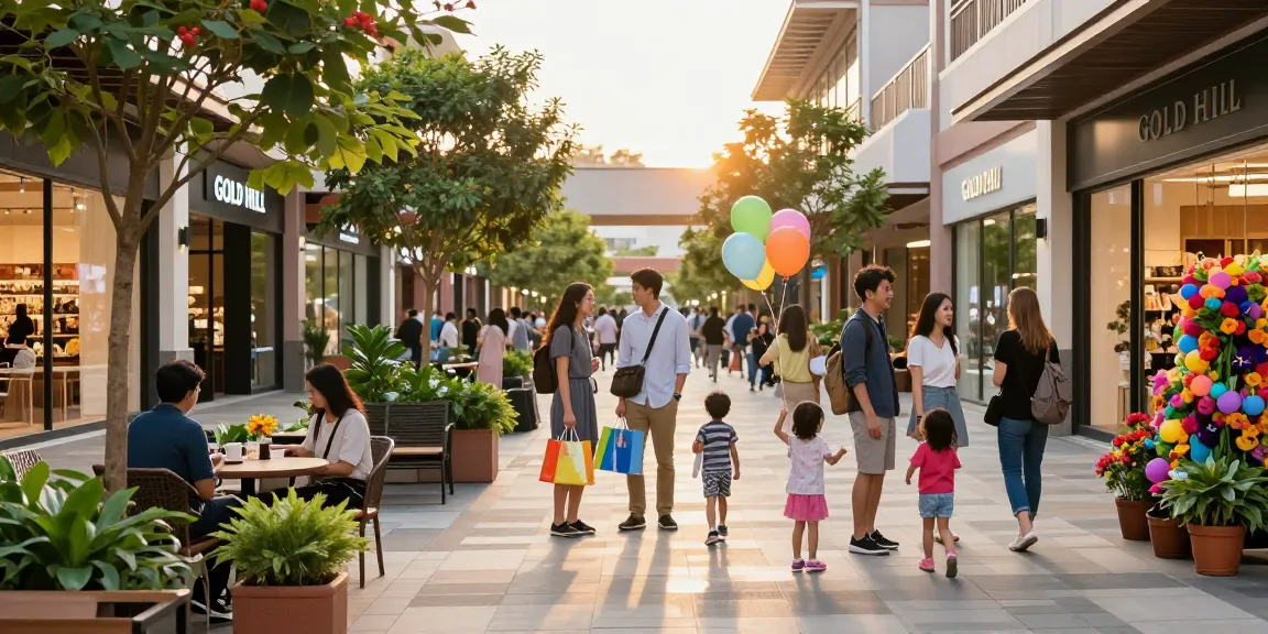 Shoppers at Gold Hill Plaza enjoying a vibrant outdoor experience, showcasing community engagement.