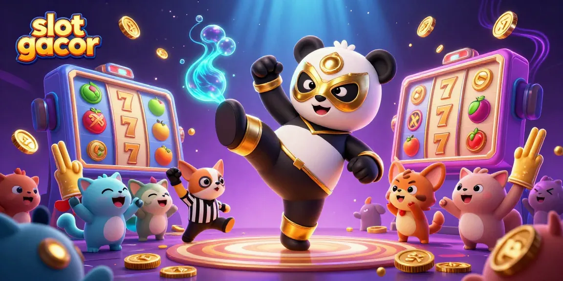Animasi slot gacor dengan panda pegulat terbang dan chihuahua wasit di tengah keramaian!