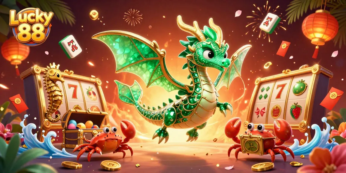Spin the Lucky 88 slot machine amidst vibrant 3D elements featuring golden coins and Chinese symbols.