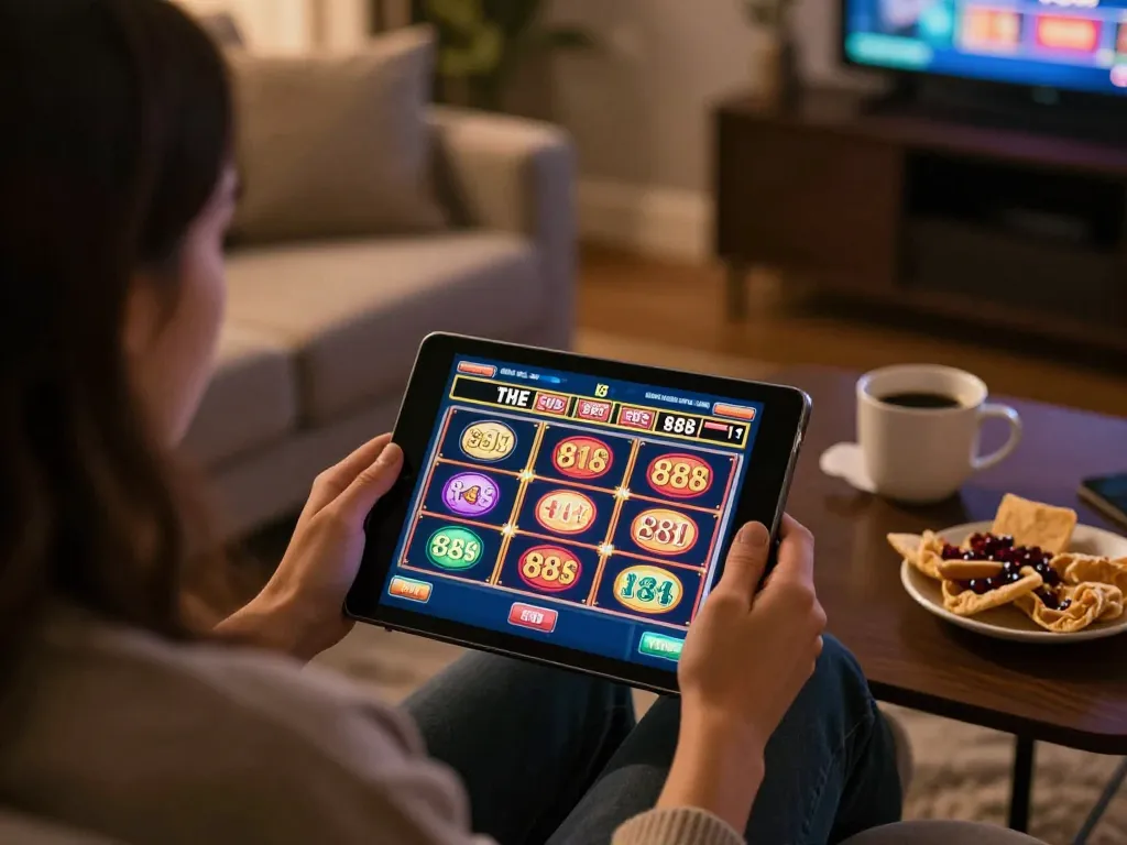 Player enjoying 888b slot games on a tablet in a cozy home setting.