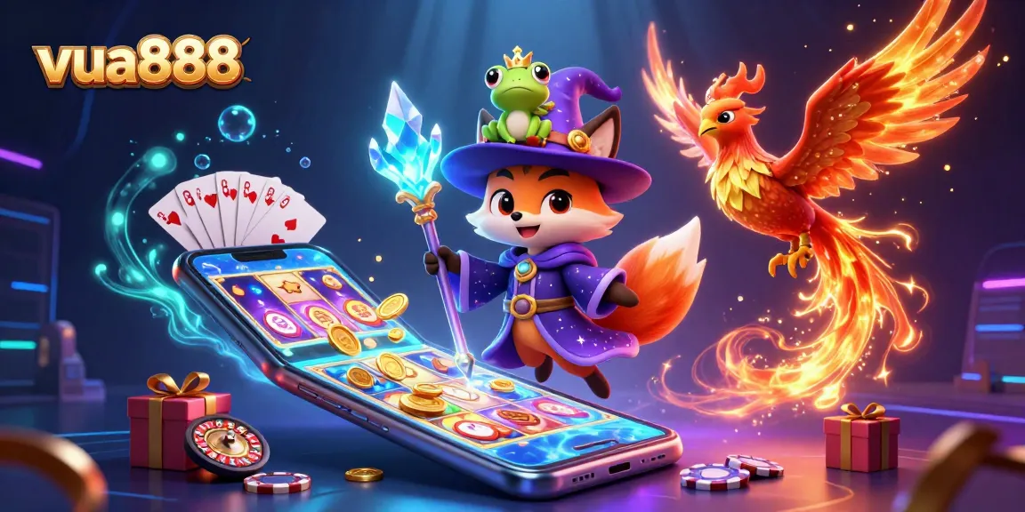 Experience exciting gaming thrills with vua888 in a vibrant 3D casino illustration featuring a wizard fox and phoenix.