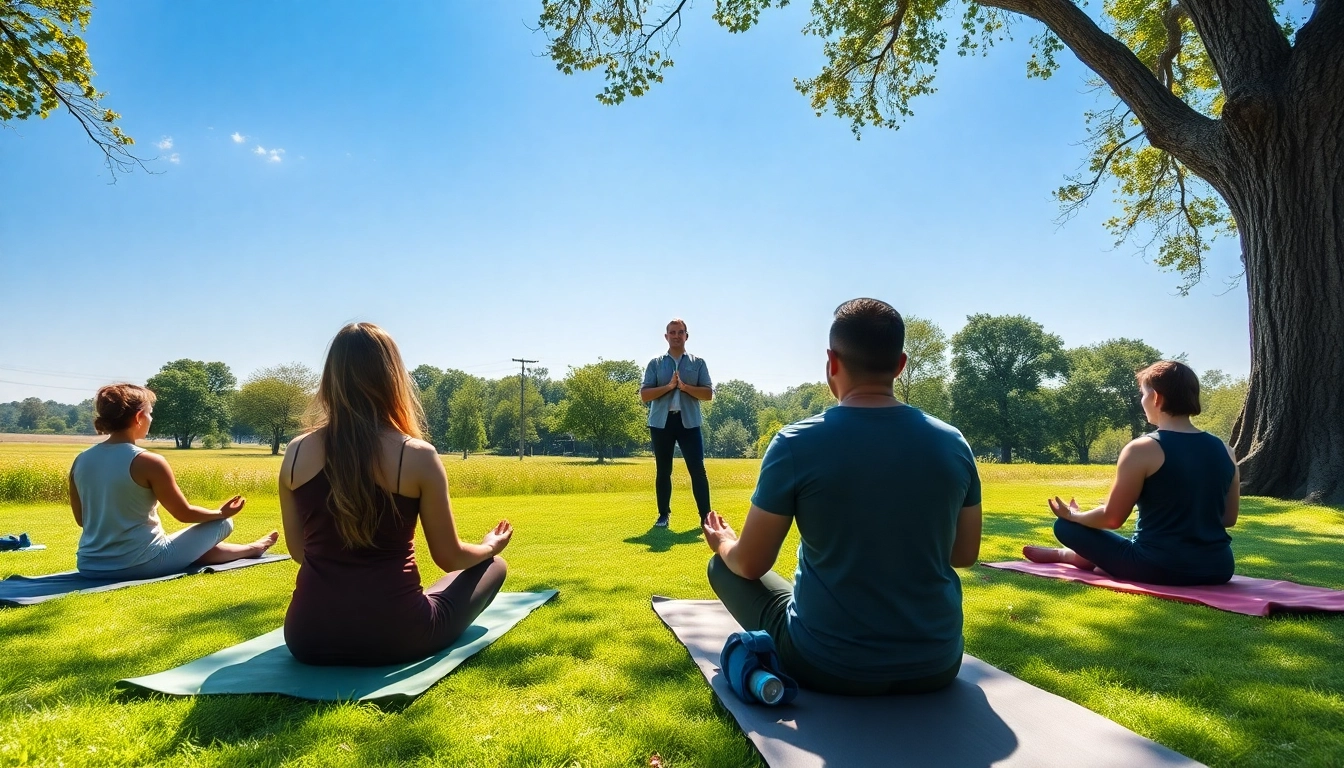 Addressing stress and anxiety through guided meditation in a calming outdoor space.
