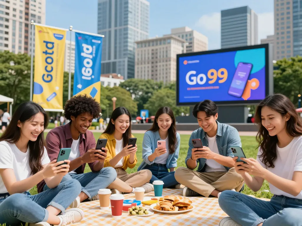 Friends enjoying the Go 99 telecom plan in a lively urban park, capturing joyful moments of connectivity.
